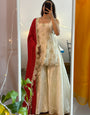 Ivory Silk Sharara Set with Golden Thread Embroidery & Red Bandhej Dupatta – Festive & Wedding Wear