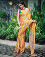 Mustard Gold Pure Modal Silk Saree with Ajrakh Inspired Floral Print & Heritage Designer Pallu