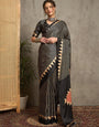 Black Gajji Silk Saree with Tribal Red Geometric Motif & Contrast Border