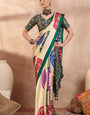 Cream Modal Silk Saree with Multicolor Patola-Inspired Print & Emerald Green Border | Traditional Festive Wear Saree