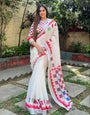 White Pure Cotton Linen Saree with Multicolor Checkered Design, Blouse, and Tassel Detailing