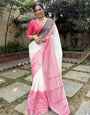 Elegant White and Pink Pure Linen Digital Printed Saree with Black Border, Tassels, and Blouse Piece – Intricate Floral and Geometric Design