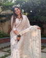 Elegant Off-White Pure Linen Digital Printed Saree with Striped Design and Unique Black Motif Pallu – Comes with Blouse Piece and Tassels