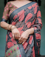 Charcoal Black Pure Cotton Linen Saree with Leafy Paisley Print, Blouse, and Tassel Detailing