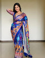 Women Designer Peacock & Floral Digital Print Saree with Contrast Border & Attached Blouse | Premium Party Wear Saree