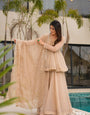 Beige Peplum Kurti Sharara Set with Embroidered Dupatta | Champagne Gold Party Wear Ethnic Suit for Women