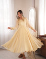 Elegant Cream Gold Anarkali Suit Set with Lace-Trimmed Dupatta