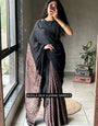 Black Modal Silk Ajrakh Printed Saree with Traditional Heritage Pallu, Intricate Ethnic Motifs & Tassel Detailing