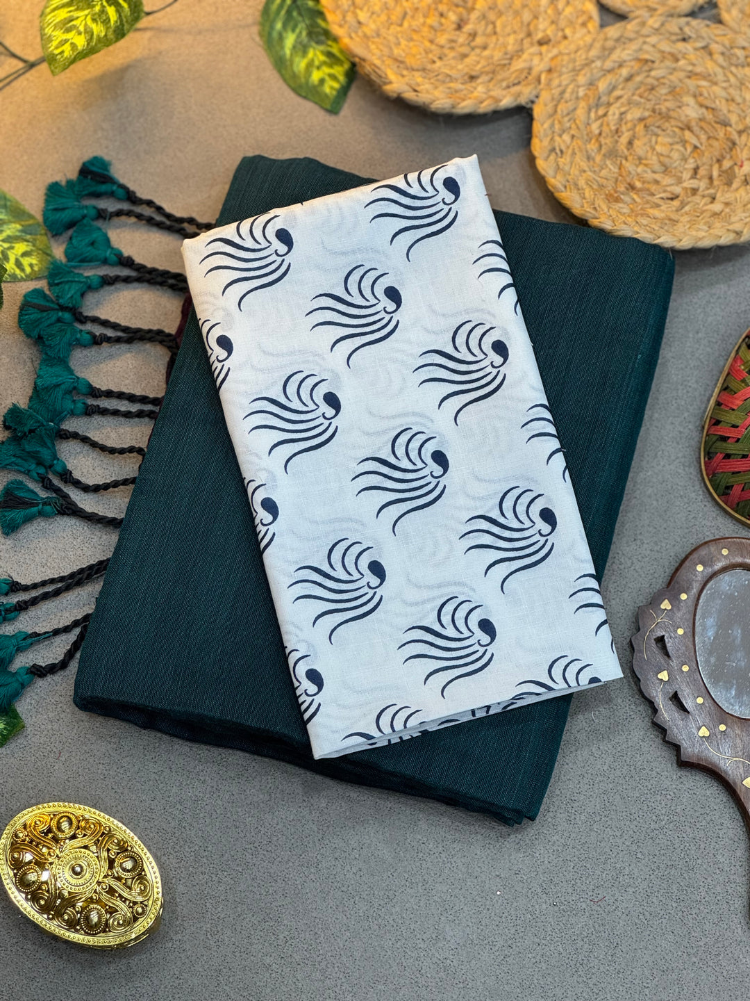 Handwoven Bottle Green Khadi Cotton Saree with White & Blue Digital Print Blouse