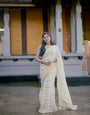 Ivory Gold Stripe Kerala Tissue Saree | Traditional Kasavu Style Elegant Festive Wear