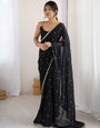 Royal Black Georgette Saree with Golden Zari Lace Border & Sequin Work – Elegant Party & Wedding Wear