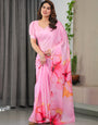 Blush Pink Satin Georgette Abstract Floral Printed Saree with Attached Blouse – Soft Pastel Designer Saree for Festive & Elegant Wear