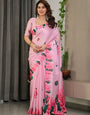 Baby Pink Satin Georgette Rose Floral Printed Saree with Attached Blouse – Elegant Soft-Flow Designer Saree