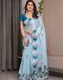 Sky Blue Satin Georgette Lotus & Crane Printed Saree with Attached Blouse – Serene Nature-Inspired Designer Drape