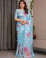 Sky Blue Satin Georgette Polka Dot & Floral Printed Saree with Attached Blouse – Chic Rose Bloom Designer Drape