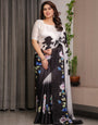 Ivory White & Black Satin Georgette Floral Printed Saree with Attached Blouse – Elegant Contrast Bloom Designer Drape