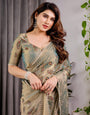 Pastel Green Fendy Chiffon Saree with Foil & Block Prints, Pearl Lace & Tassel Edges