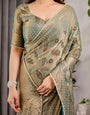 Pastel Green Fendy Chiffon Saree with Foil & Block Prints, Pearl Lace & Tassel Edges