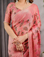 Blush Pink Fendy Chiffon Saree with Foil & Block Prints, Pearl Lace Border & Tassels