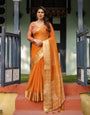 Sunset Orange Plain Chiffon Saree with Gold Zari Border, Floral Embroidered Blouse & Tassel Detailing