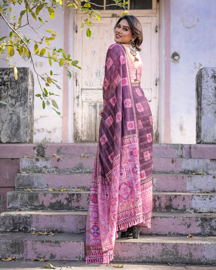 Elegant Multicolor Linen Saree with Traditional Patterns | Lightweight Festive Wear