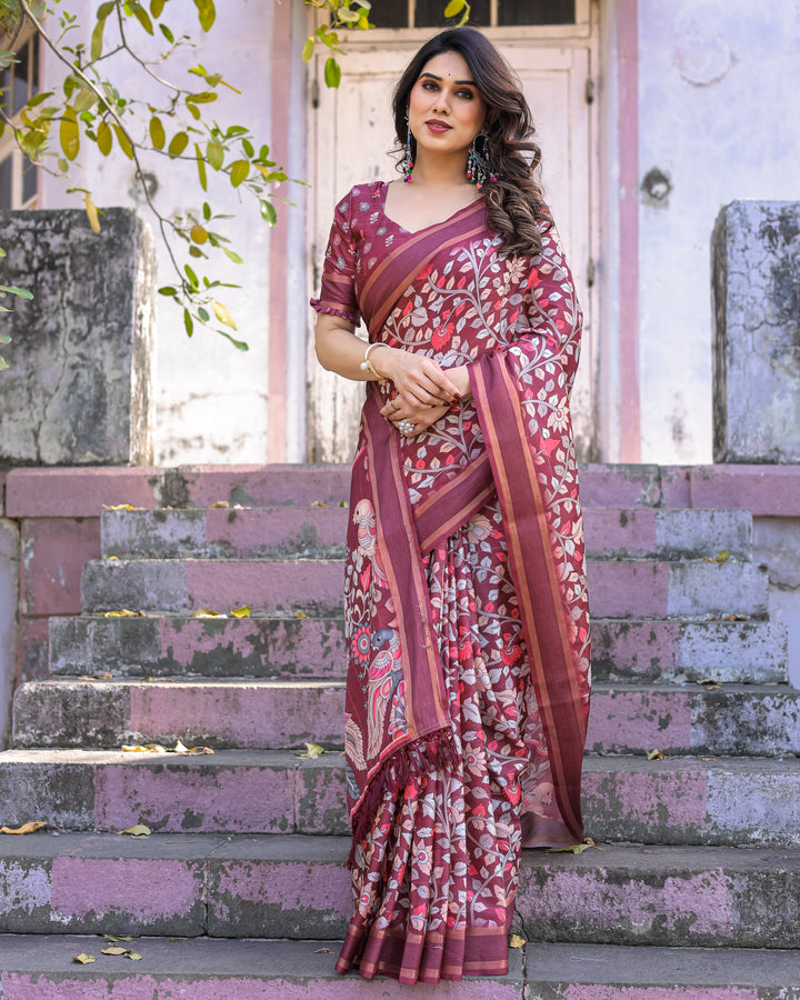 Elegant Multicolor Linen Saree with Traditional Patterns | Lightweight Festive Wear