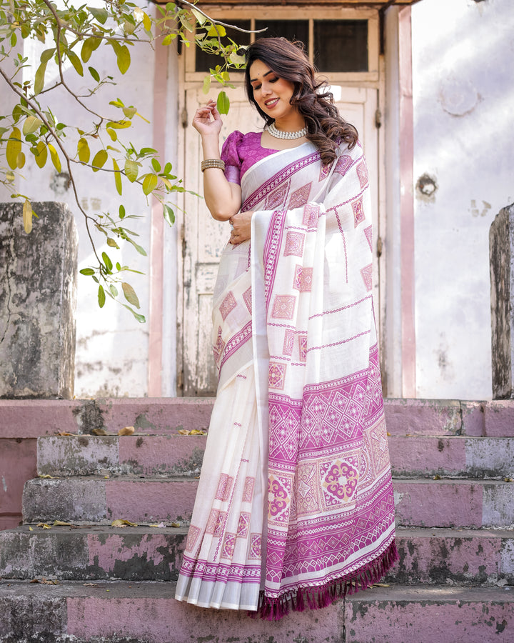 Elegant Multicolor Linen Saree with Traditional Patterns | Lightweight Festive Wear