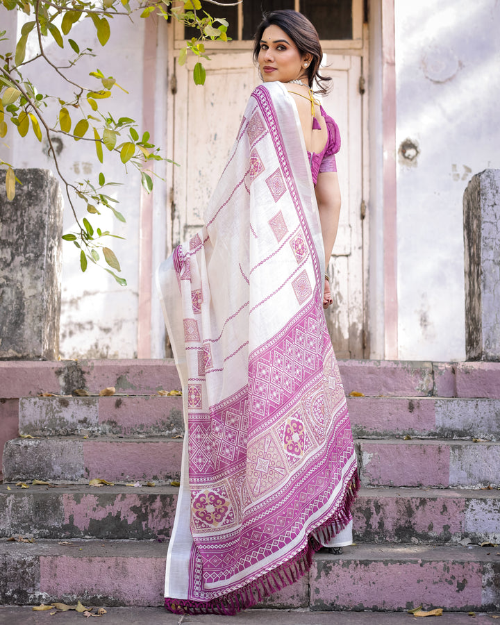 Elegant Multicolor Linen Saree with Traditional Patterns | Lightweight Festive Wear
