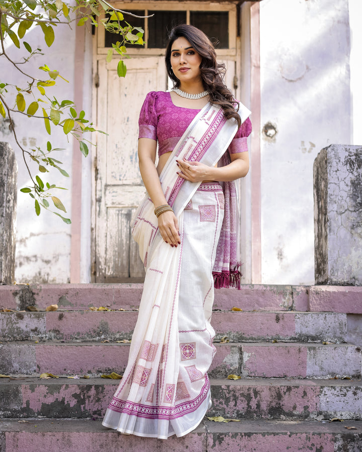 Elegant Multicolor Linen Saree with Traditional Patterns | Lightweight Festive Wear