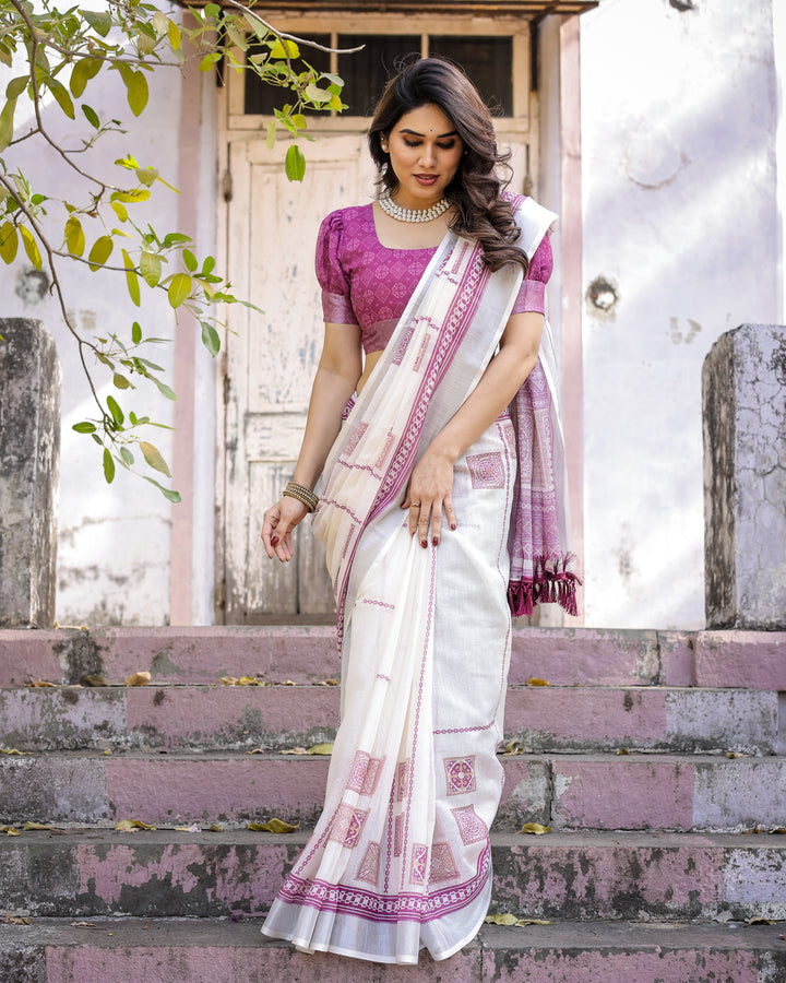 Elegant Multicolor Linen Saree with Traditional Patterns | Lightweight Festive Wear