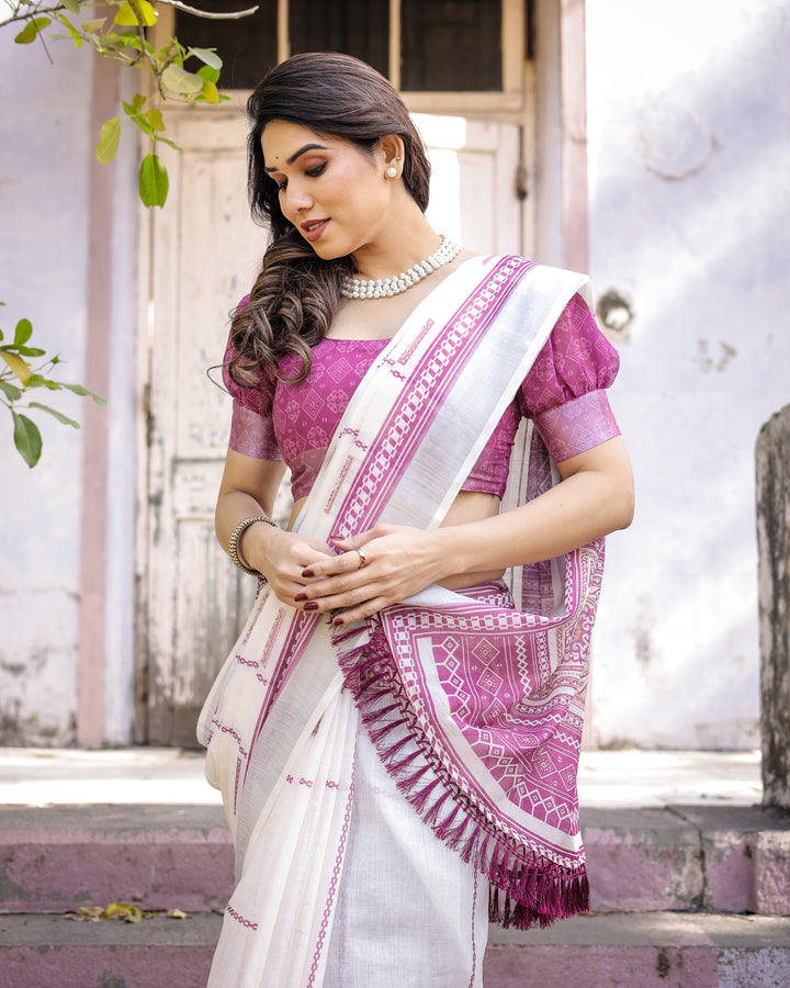 Elegant Multicolor Linen Saree with Traditional Patterns | Lightweight Festive Wear