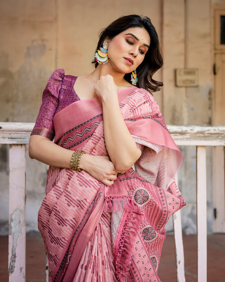 Elegant Multicolor Linen Saree with Traditional Patterns | Lightweight Festive Wear