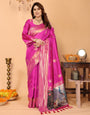 Rani Pink Banarasi Silk Saree with Golden Zari Weaving & Artistic Peacock Digital Pallu – Traditional Festive Wear