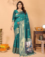 Teal Green Banarasi Silk Saree with Golden Zari Weaving & Peacock Digital Print Pallu – Festive & Wedding Wear