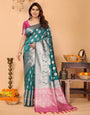 Teal Green Banarasi Silk Saree with Silver Zari Butta & Pink Pallu – Traditional Wedding & Festive Wear