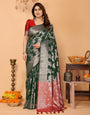 Bottle Green Banarasi Silk Saree with Silver Zari Weaving & Red Pallu – Elegant Wedding & Festive Collection