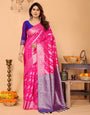Rani Pink Banarasi Silk Saree with Royal Blue Pallu & Silver Zari – Festive Wedding Wear