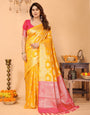 Traditional Yellow Banarasi Silk Saree with Pink Zari Border and Blouse – Festive Traditional Wear