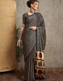 Beige & Black Gajji Silk Saree with Multicolor Polka Pallu and Contrast Printed Blouse