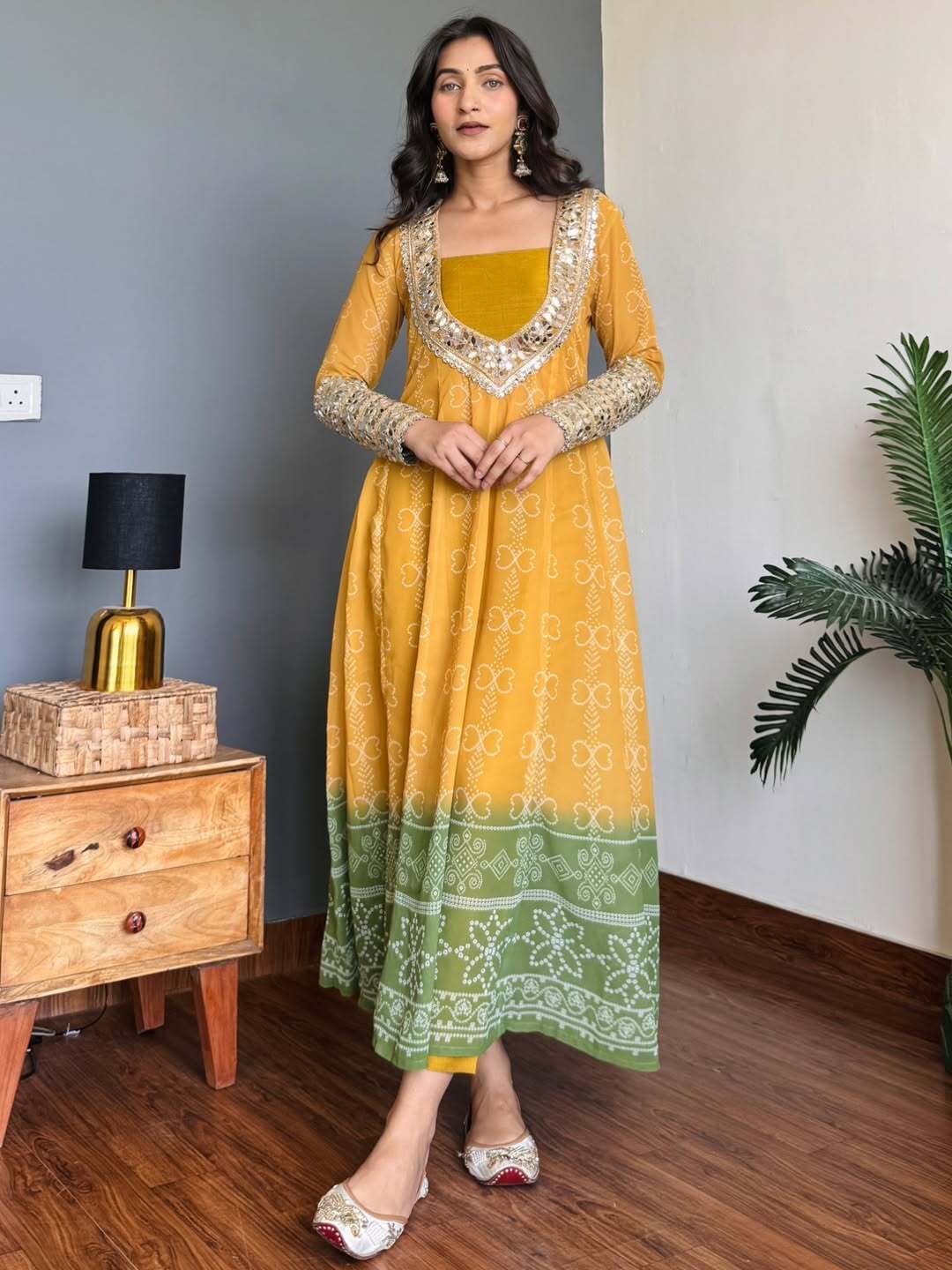 mustard yellow dress combination Mustard Yellow & Green Faux Georgette Kurti Set with Mirror Work