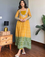 Mustard Yellow & Green Faux Georgette Kurti Set with Mirror Work | 3-Piece Festive Wear
