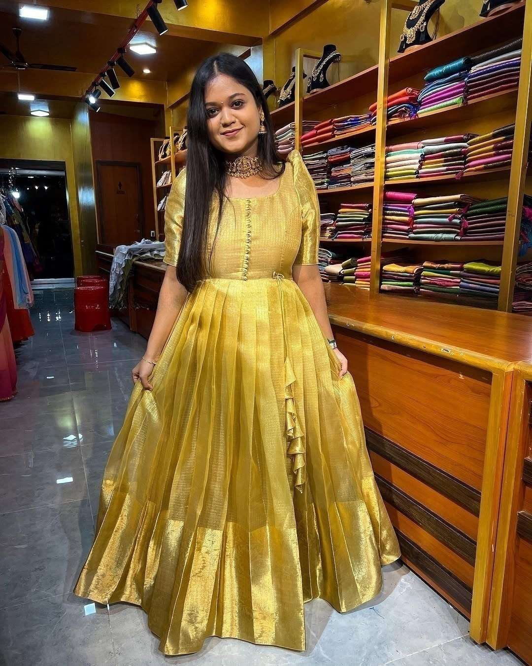 green emerald velvet dress Golden Tissue Silk Gown for Women