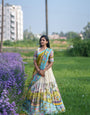 Cream and Mustard Kalamkari Lehenga with Pastoral Motif and Blue Border