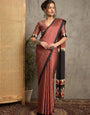 Contemporary Rust & Black Gajji Silk Saree with Tribal-Inspired Border & Printed Blouse