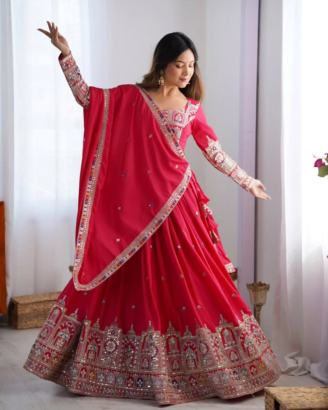 Designer Wedding Chaniya Choli for Women – Traditional Mirror Work Lehenga in Rani Pink Gajri with Embroidered Dupatta – Gujarati Garba Navratri