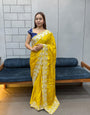 New Arrival Mustard Yellow Pure HO Fabric Saree with Heavy Embroidery Border