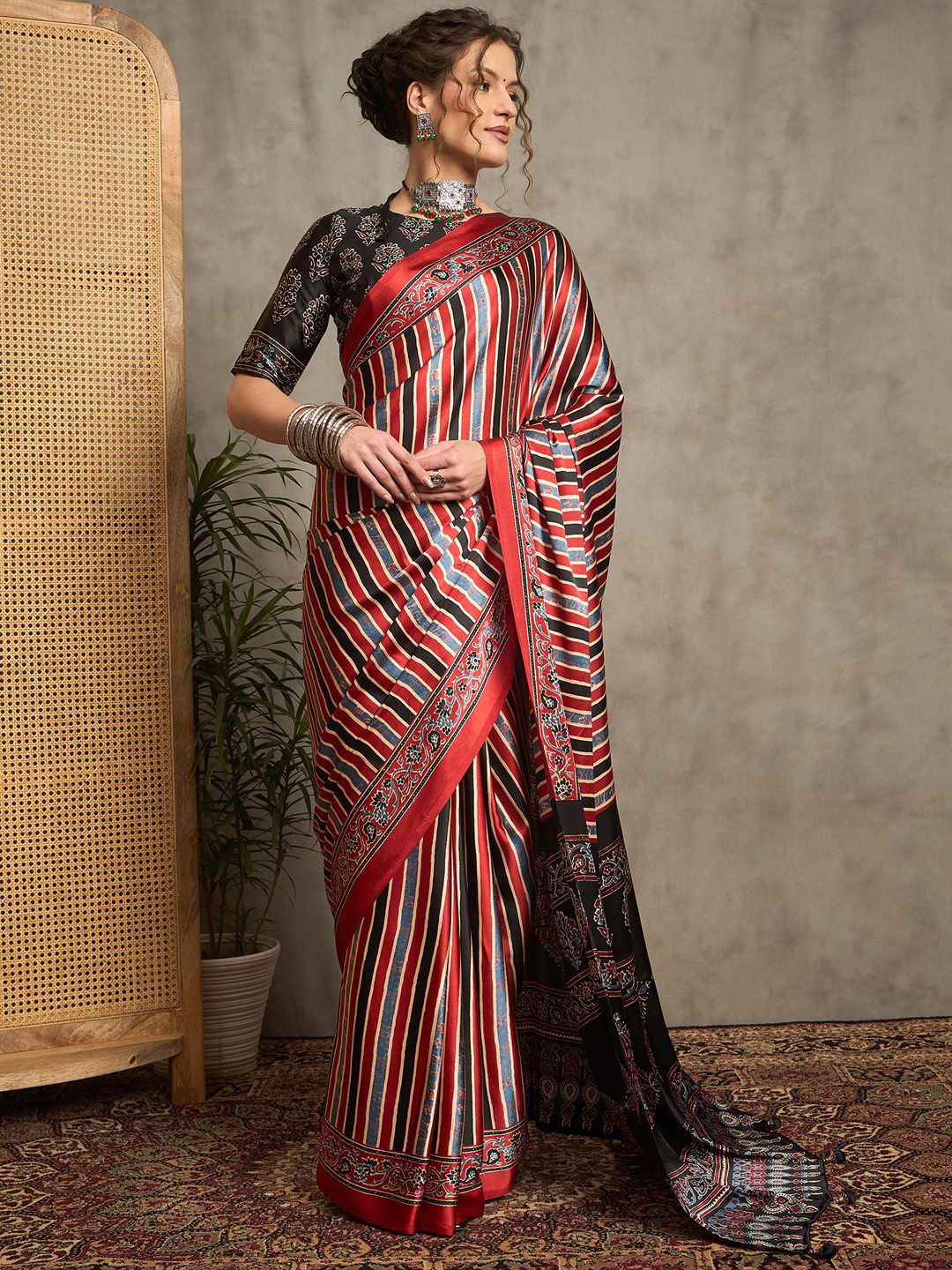 Multicolor Striped Gajji Silk Saree with Contrasting Ajrakh Pallu