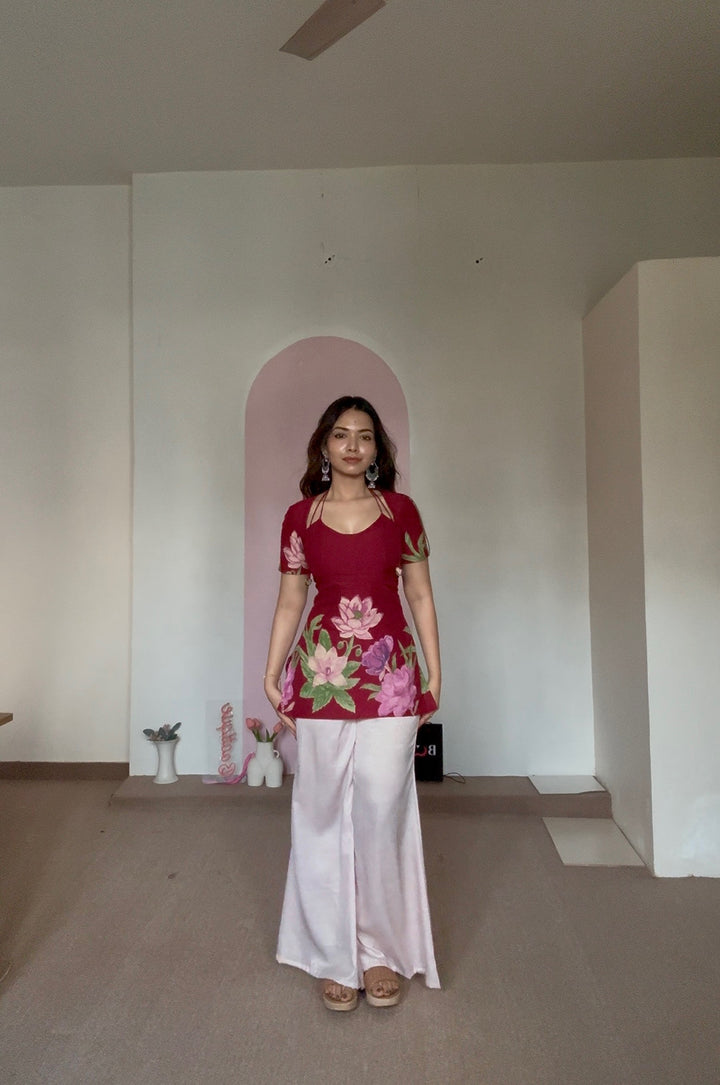 Laila Kurti – Deep Maroon Floral Pure Cotton Kurti with Soft Double Lining