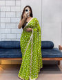 Lime Green Bandhani Georgette Saree with embroidery Lace Border & Matching Blouse Piece