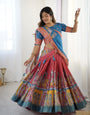 Elegant Kalamkari Lehenga in Blue and Terracotta Pink with Flared Skirt and Dupatta